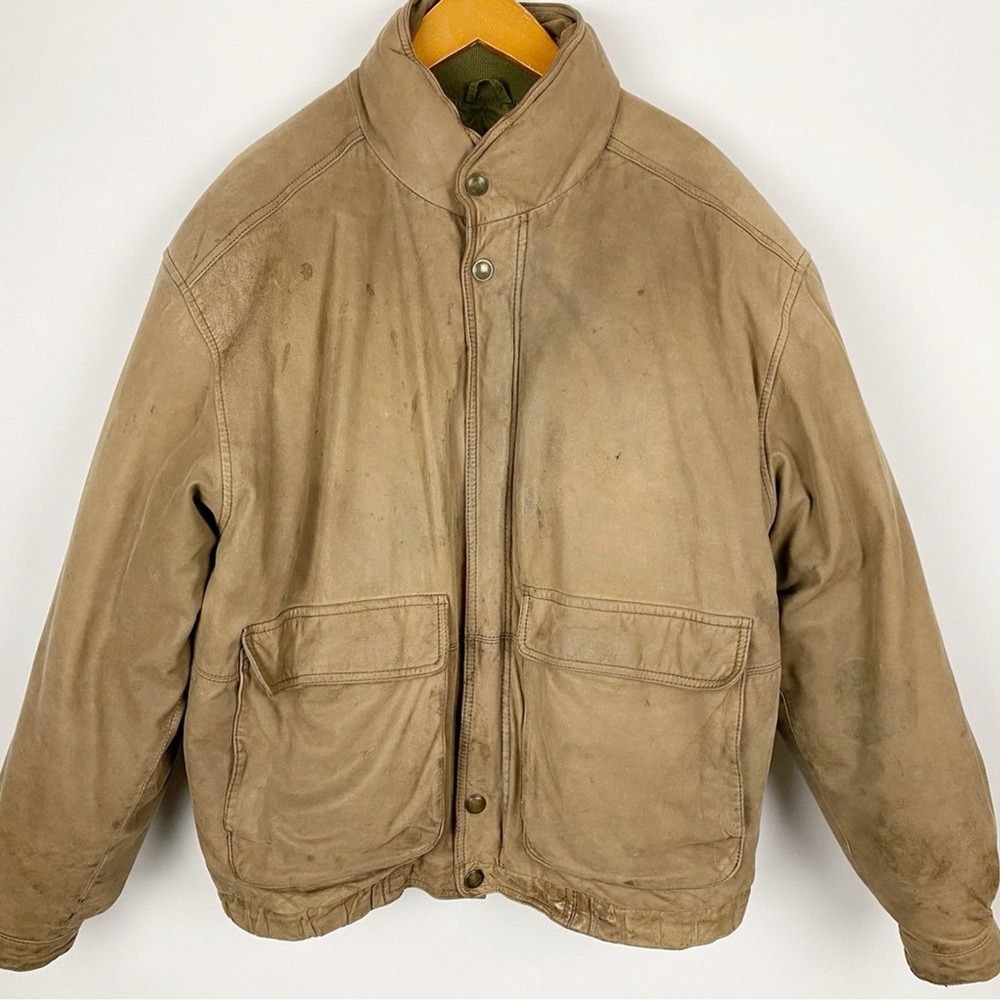 The Company Store Leather Bomber Removable Down Liner Jacket Men L Brown Vintage